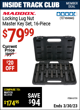 Inside Track Club members can buy the MADDOX Locking Lug Nut Master Key Set 16 Pc. (Item 63739) for $79.99, valid through 3/30/2023.