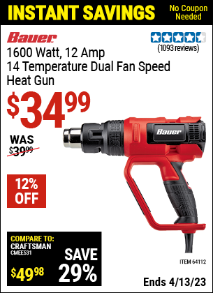 Buy the BAUER 14 Temperature Dual Fan Speed Heat Gun (Item 64112) for $34.99, valid through 4/13/2023.