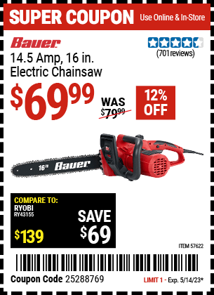 Buy the BAUER Corded 16 in. Electric Chainsaw (Item 57622) for $69.99, valid through 5/14/2023.