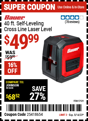 Buy the BAUER 40 ft. Self-Leveling Cross Line Laser Level (Item 57529) for $49.99, valid through 5/14/2023.