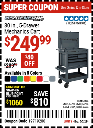 Buy the U.S. GENERAL Series 2 30 In. 5 Drawer Mechanic's Cart (Item 64031) for $249.99, valid through 5/7/2023.