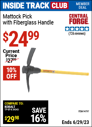 CENTRAL FORGE Mattock Pick with Fiberglass Handle for $24.99 