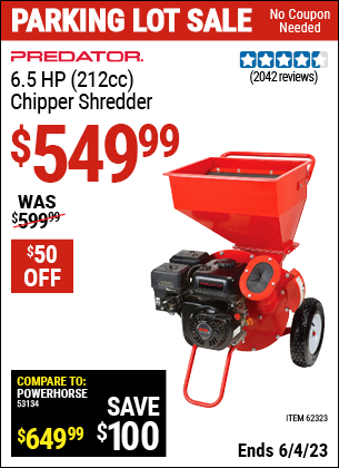 Buy the PREDATOR 6.5 HP (212cc) Chipper Shredder (Item 62323) for $549.99, valid through 6/4/2023.