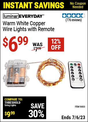 Buy the LUMINAR EVERYDAY Warm White Copper Wire Lights With Remote (Item 56833) for $6.99, valid through 7/6/2023.