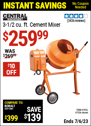 Buy the CENTRAL MACHINERY 3-1/2 Cubic Ft. Cement Mixer (Item 67536/61932) for $259.99, valid through 7/6/2023.