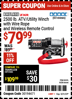 Buy the BADLAND 2500 Lb. ATV/Utility Electric Winch With Wireless Remote Control (Item 56258) for $79.99, valid through 5/21/2023.