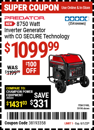 Buy the PREDATOR 8750 Watt Inverter Generator with CO SECURE Technology (Item 59190) for $1099.99, valid through 6/1/2023.