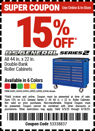 Buy the Save 15% Off all U.S. GENERAL SERIES 2 44 In. X 22 In. Double Bank Roller Cabinets, valid through 6/18/2023.