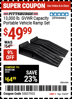 Buy the PITTSBURGH AUTOMOTIVE 13000 Lb. Portable Vehicle Ramp Set (Item 63956) for $49.99, valid through 7/4/2023.