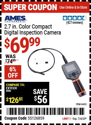 Buy the AMES 2.7 in. Color Compact Digital Inspection Camera (Item 64623) for $69.99, valid through 7/4/2023.