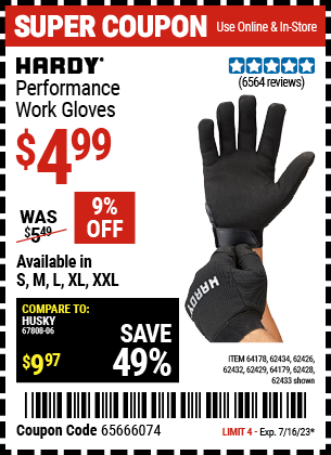 Buy the HARDY Mechanic's Gloves X-Large (Item 62432/62429/62433/62428/62434/62426/64178/64179) for $4.99, valid through 7/16/2023.