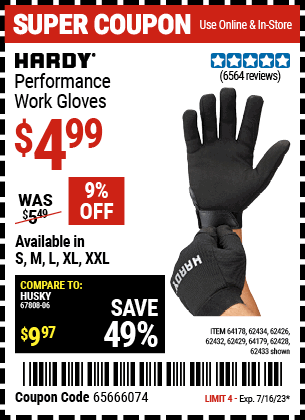 Buy the HARDY Mechanic's Gloves X-Large (Item 62432/62429/62433/62428/62434/62426/64178/64179) for $4.99, valid through 7/16/2023.