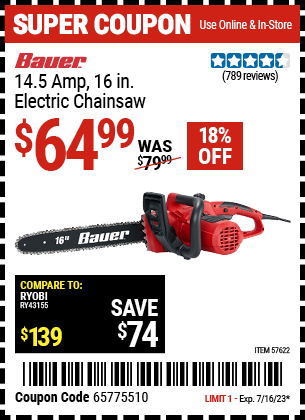 Buy the BAUER Corded 16 in. Electric Chainsaw (Item 57622) for $64.99, valid through 7/16/2023.