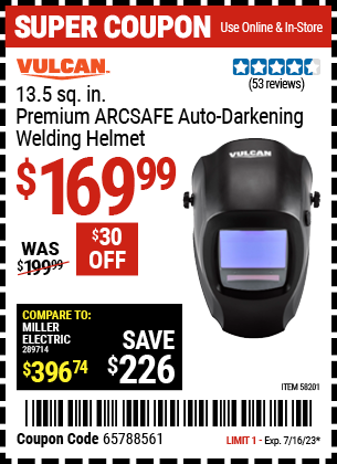 Buy the VULCAN Premium ARCSAFE Auto-Darkening Welding Helmet (Item 58201) for $169.99, valid through 7/16/2023.