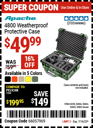 Buy the APACHE 4800 Weatherproof Protective Case (Item 56863/56864/56865/56866/64250) for $49.99, valid through 7/16/23.