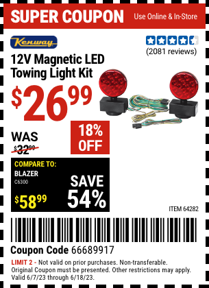 Buy the KENWAY 12V Magnetic LED Towing Light Kit (Item 64282) for $26.99, valid through 6/18/2023.