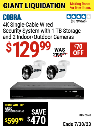 Buy the COBRA 8 Channel 4K NVR POE Security System with Two Weather Resistant Cameras (Item 57648) for $129.99, valid through 7/30/2023.