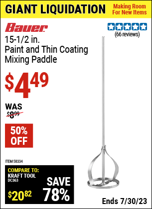 Buy the BAUER 15-1/2 in. Paint and Thin Coating Mixing Paddle (Item 58334) for $4.49, valid through 7/30/2023.