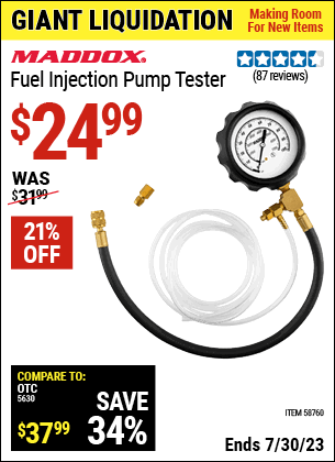 Buy the MADDOX Fuel Injection Pump Tester (Item 58760) for $24.99, valid through 7/30/2023.