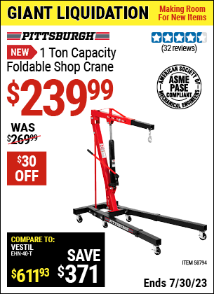 Buy the PITTSBURGH 1 Ton Capacity Foldable Shop Crane (Item 58794) for $239.99, valid through 7/30/2023.