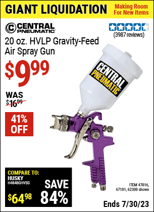 Buy the CENTRAL PNEUMATIC 20 oz. HVLP Gravity Feed Air Spray Gun (Item 62300/47016/67181) for $9.99, valid through 7/30/2023.