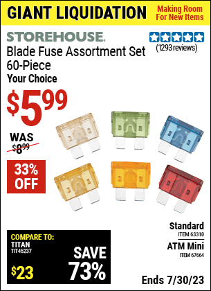 Buy the STOREHOUSE Standard Blade Fuse Assortment 60 Pc. (Item 63310) for $5.99, valid through 7/30/2023.