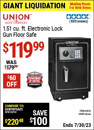 Buy the UNION SAFE COMPANY 1.51 cu. ft. Electronic Lock Gun Floor Safe (Item 64009/64010) for $119.99, valid through 7/30/2023.