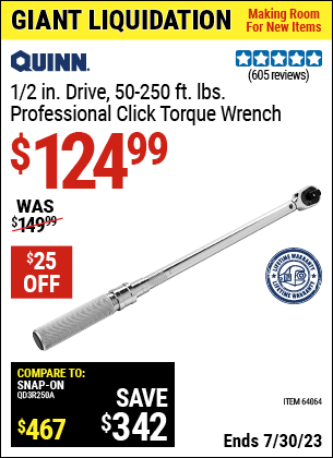 Buy the ICON 1/2 in. Drive Professional Click Type Torque Wrench (Item 64064) for $124.99, valid through 7/30/2023.