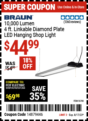 Buy the BRAUN 10,000 Lumen 4 ft. Linkable Diamond Plate LED Hanging Shop Light (Item 56780) for $44.99, valid through 8/17/2023.