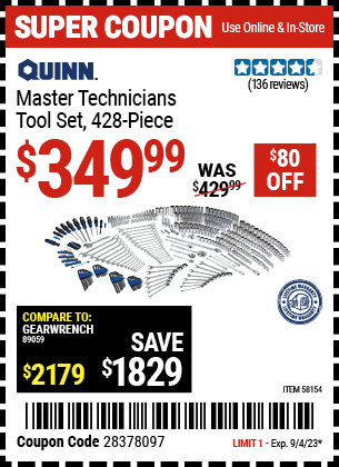 Buy the QUINN Master Technician Tool Set (Item 58154) for $349.99, valid through 9/4/2023.