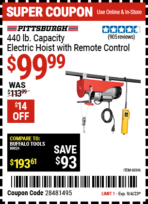 Buy the PITTSBURGH AUTOMOTIVE 440 lb. Electric Hoist with Remote Control (Item 60346) for $99.99, valid through 9/4/2023.