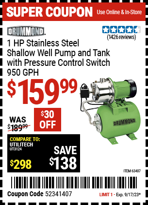 Buy the DRUMMOND 1 HP Stainless Steel Shallow Well Pump and Tank with Pressure Control Switch (Item 63407) for $159.99, valid through 9/17/2023.