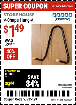 Buy the STOREHOUSE V-Shape Hang-All (Item 68995/61430/61533) for $1.49, valid through 10/1/23.