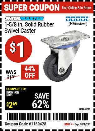 Buy the CENTRAL MACHINERY 1-5/8 in. Rubber Light Duty Swivel Caster (Item 41519) for $1, valid through 10/1/23.