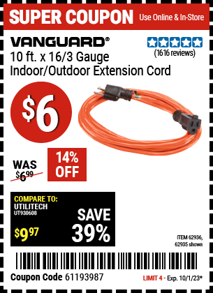 Buy the VANGUARD 10 ft. x 16 Gauge Indoor/Outdoor Extension Cord (Item 62935/62936) for $6, valid through 10/1/23.