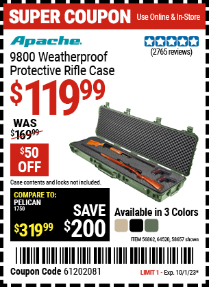 Buy the APACHE 9800 Weatherproof Protective Rifle Case (Item 64520/58657/64520) for $119.99, valid through 10/1/23.