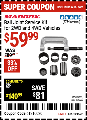 Buy the MADDOX Ball Joint Service Kit for 2WD and 4WD Vehicles (Item 63610/64399) for $59.99, valid through 10/1/23.