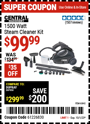 Buy the CENTRAL MACHINERY 1500 Watt Steam Cleaner Kit (Item 63042) for $99.99, valid through 10/1/23.