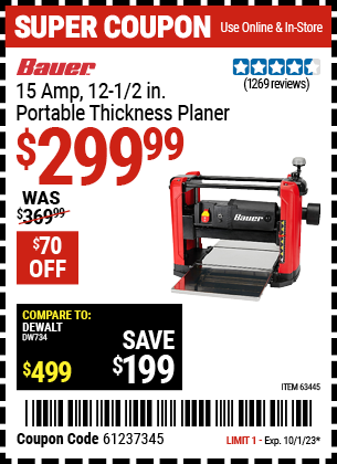 Buy the BAUER 15 Amp 12-1/2 in. Portable Thickness Planer (Item 63445) for $299.99, valid through 10/1/23.