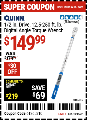 Buy the QUINN 1/2 in. Drive Digital Torque Wrench (Item 64916) for $149.99, valid through 10/1/23.