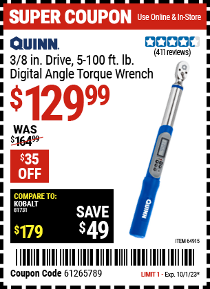 Buy the QUINN 3/8 in. Drive Digital Torque Wrench (Item 64915) for $129.99, valid through 10/1/23.