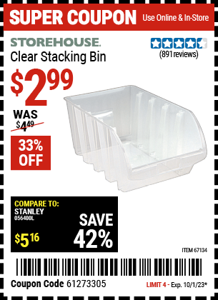 Buy the STOREHOUSE Clear Stacking Bin (Item 67134) for $2.99, valid through 10/1/23.