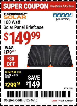 Buy the THUNDERBOLT 100 Watt Solar Panel Briefcase (Item 57991) for $149.99, valid through 10/1/23.