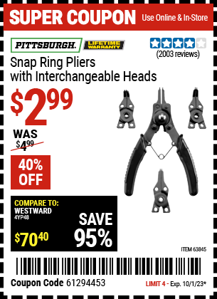 Buy the PITTSBURGH Snap Ring Pliers with Interchangeable Heads (Item 63845) for $2.99, valid through 10/1/23.