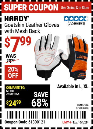 Buy the HARDY Goatskin Leather Gloves with Mesh Back (Item 57511/57512) for $7.99, valid through 10/1/23.