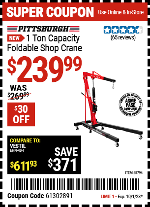 Buy the PITTSBURGH1 Ton Capacity Foldable Shop Crane (Item 58794) for $239.99, valid through 10/1/23.