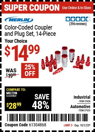 Buy the MERLIN Color-Coded Industrial Coupler And Plug Kit – 14 Pc. (Item 57628/57629) for $14.99, valid through 10/1/23.