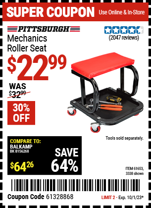 Buy the PITTSBURGH AUTOMOTIVE Mechanic's Roller Seat (Item 3338/61653) for $22.99, valid through 10/1/23.