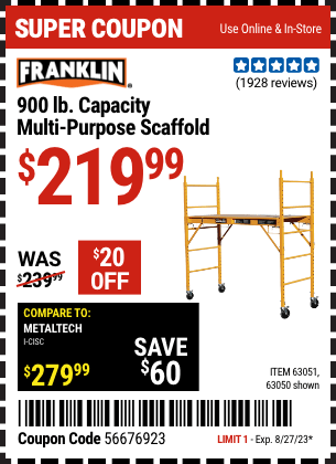 Buy the FRANKLIN Heavy Duty Portable Scaffold (Item 63050/63051) for $219.99, valid through 8/27/2023.