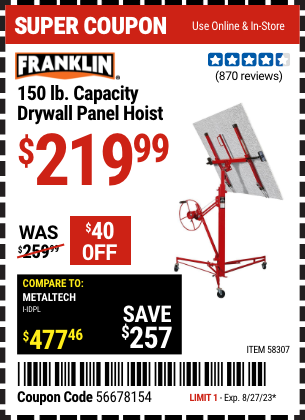 Buy the FRANKLIN 150 lb. Capacity Drywall Panel Hoist (Item 58307) for $219.99, valid through 8/27/2023.